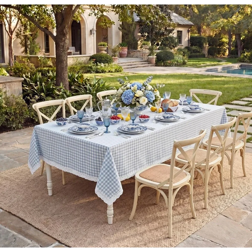 Blue Gingham Checkered Tablecloth with White Lace Trim | 52x70 Rectangular NEW